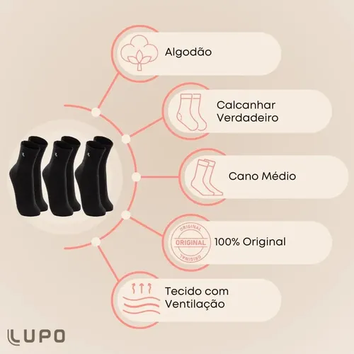 Kit 10 Pares Meia Lupo Original Masculina Cano Médio Algodão