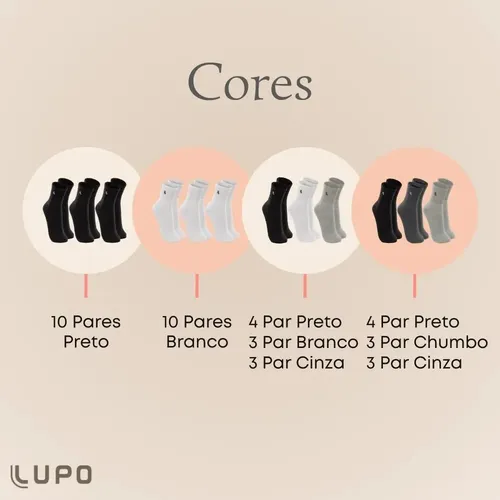 Kit 10 Pares Meia Lupo Original Masculina Cano Médio Algodão