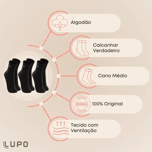 Kit 10 Pares Meia Lupo Original Masculina Cano Médio Algodão