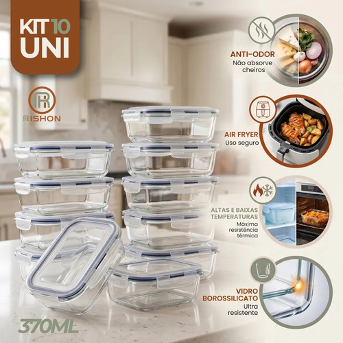 Kit 10 pote de vidro marmita hermetico 370ml freezer fitness