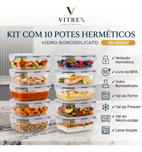 Kit 10 pote de vidro marmita hermetico 640ml freezer fitness 1