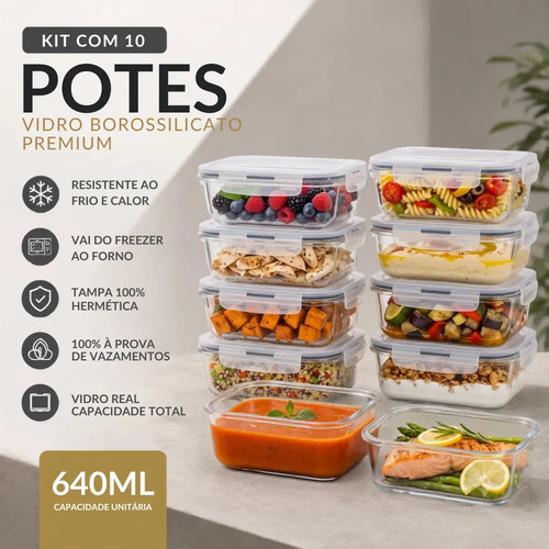 Kit 10 pote de vidro marmita hermetico 640ml freezer fitness 1