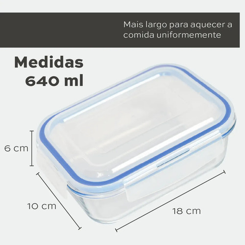 Kit 10 Pote De Vidro Marmita Hermético 640ml Freezer Fitness Borossilicato 4 Travas Micro-ondas Azul-Escuro