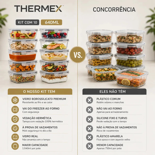 Kit 10 Pote De Vidro Marmita Hermético 640ml Freezer Fitness Thermex