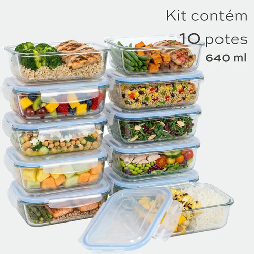 Kit 10 Pote De Vidro Marmita Hermético 640ml Freezer Fitness Borossilicato 4 Travas Micro-ondas Azul-Escuro