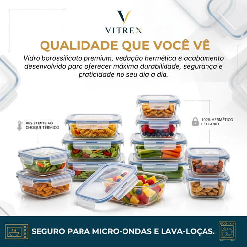 Kit 10 Pote De Vidro Marmita Hermético 640ml Freezer Fitness Vitrex