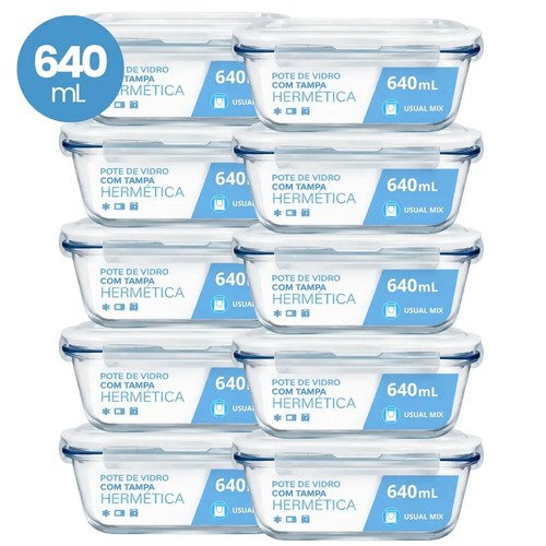 Kit 10 pote vidro hermetico marmita 640ml micro ondas freeze