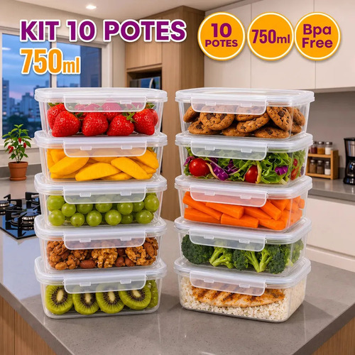 Kit 10 potes 750ml com tampa trava plastico transparente par