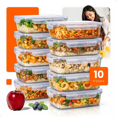 Kit 10 potes de vidro hermetico 640ml marmita fitness 4 trav 1