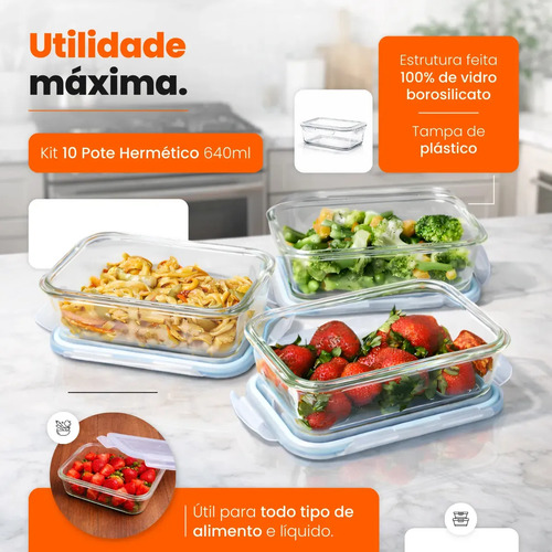 Kit 10 Potes De Vidro Hermético 640ml Marmita Fitness 4 Travas Não Vaza Freezer Micro-ondas Forno Bpa Free Hold On