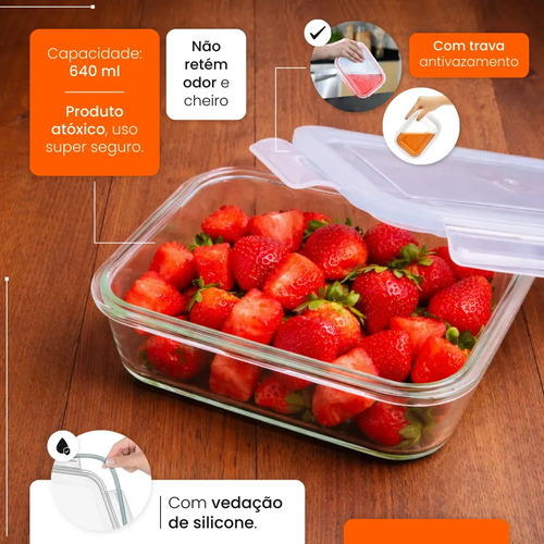 Kit 10 Potes De Vidro Hermético 640ml Marmita Fitness 4 Travas Não Vaza Freezer Micro-ondas Forno Bpa Free Hold On