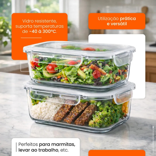 Kit 10 Potes De Vidro Hermético 640ml Marmita Fitness 4 Travas Não Vaza Freezer Micro-ondas Forno Bpa Free Hold On