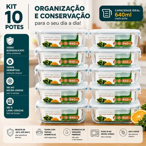 Kit 10 potes hermeticos de vidro 640ml haushop tampa vedacao