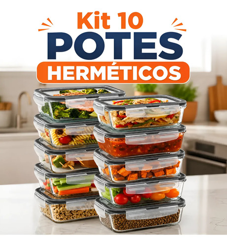Kit 10 potes hermeticos de vidro 640ml kit marmita fitness