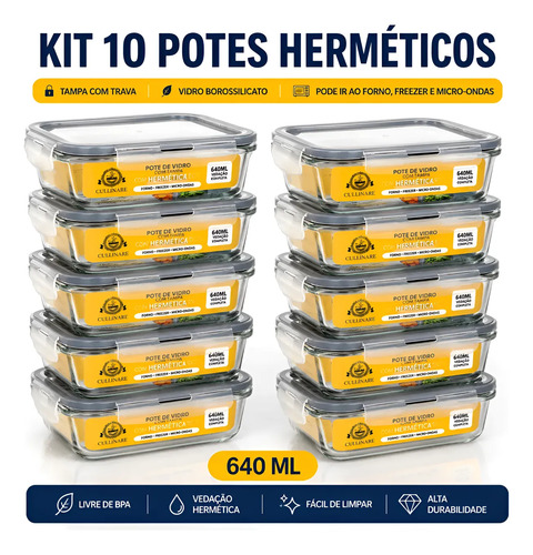 Kit 10 Potes Herméticos De Vidro 640ml Kit Marmita Fitness