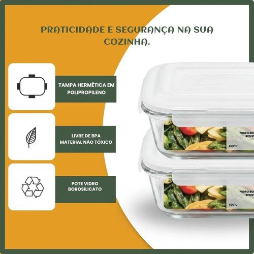 Kit 10 Potes Herméticos Vidro 640ml Mantimentos Marmita Forno Micro-ondas Airfryer Cozinha com 4 Travas Super Vedação LuvinCo