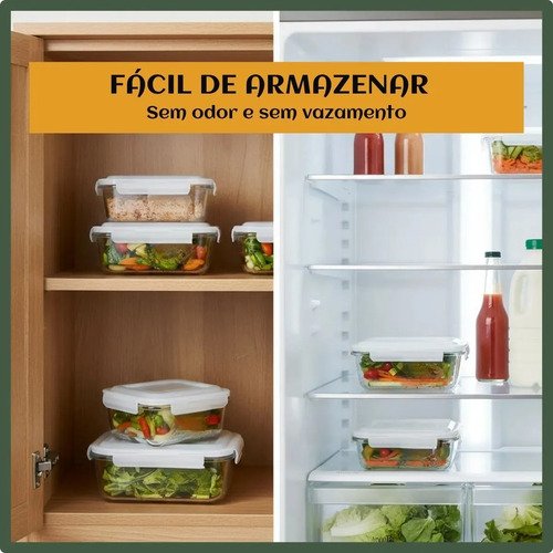 Kit 10 Potes Herméticos Vidro 640ml Mantimentos Marmita Forno Micro-ondas Airfryer Cozinha com 4 Travas Super Vedação LuvinCo