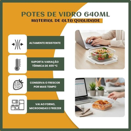 Kit 10 Potes Herméticos Vidro 640ml Mantimentos Marmita Forno Micro-ondas Airfryer Cozinha com 4 Travas Super Vedação LuvinCo