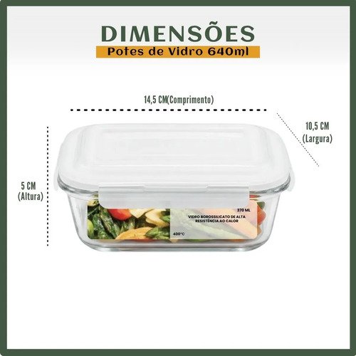 Kit 10 Potes Herméticos Vidro 640ml Mantimentos Marmita Forno Micro-ondas Airfryer Cozinha com 4 Travas Super Vedação LuvinCo