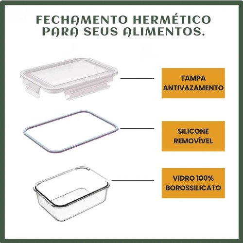 Kit 10 Potes Herméticos Vidro 640ml Mantimentos Marmita Forno Micro-ondas Airfryer Cozinha com 4 Travas Super Vedação LuvinCo