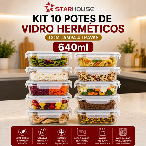 Kit 10 potes hermeticos vidro 640ml starhouse marmita forno