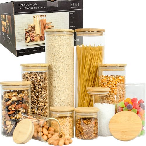 Kit 10 potes hermeticos vidro tampa bambu seiri para mantime