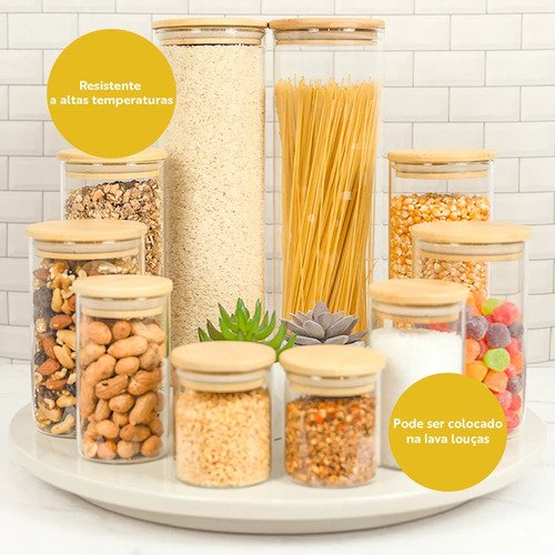 Kit 10 Potes Herméticos Vidro Tampa Bambu Seiri Para Mantimentos Cozinha