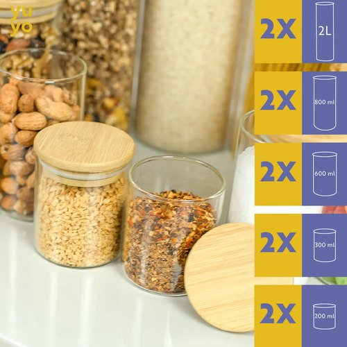 Kit 10 Potes Herméticos Vidro Tampa Bambu Seiri Para Mantimentos Cozinha