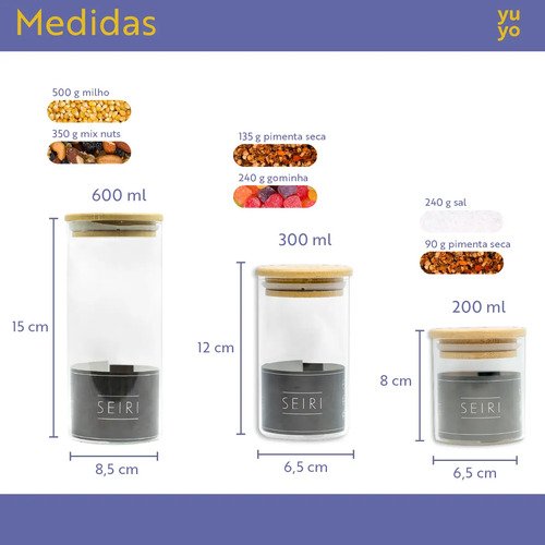 Kit 10 Potes Herméticos Vidro Tampa Bambu Seiri Para Mantimentos Cozinha
