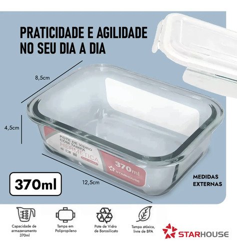 Kit 10 Potes Vidro 370ml Hermético Marmita Forno Refratário Star House