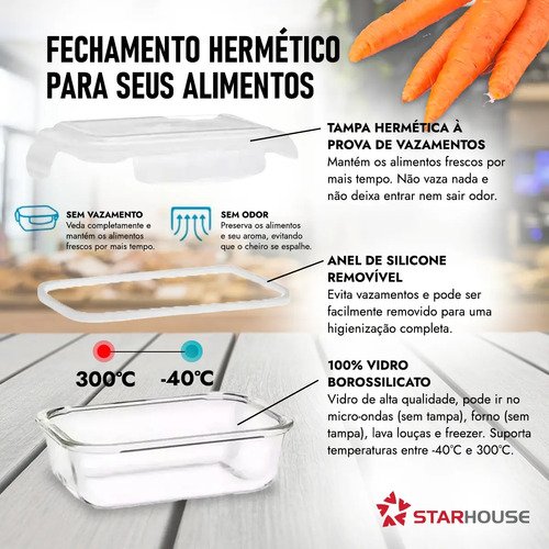 Kit 10 Potes Vidro 370ml Hermético Marmita Forno Refratário Star House