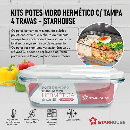Kit 10 Potes Vidro 370ml Hermético Marmita Forno Refratário Star House