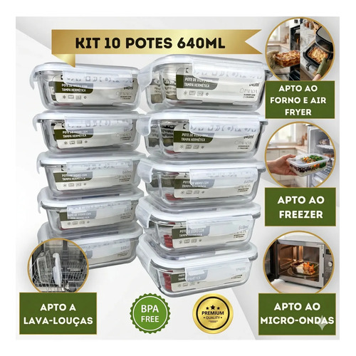 Kit 10 potes vidro hermetico 640ml marmita forno micro ondas 1