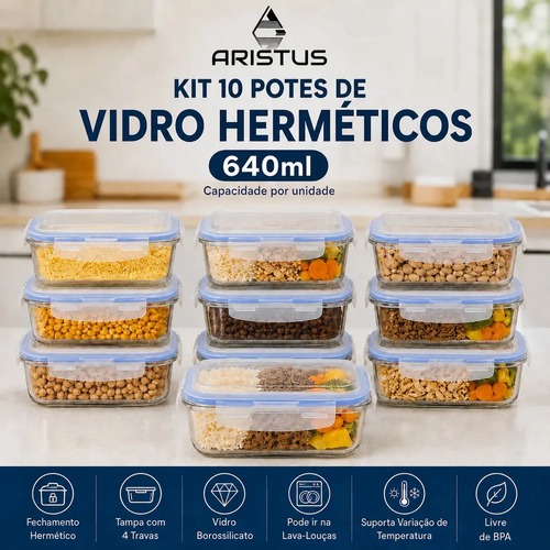 Kit 10 potes vidro hermetico aristus 640ml marmita anti vaza 1