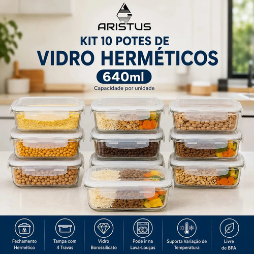 Kit 10 potes vidro hermetico aristus 640ml marmita anti vaza 1
