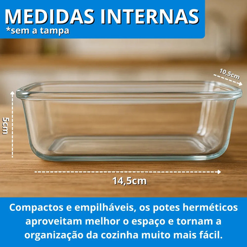 Kit 10 Potes Vidro Hermético Aristus 640ml Marmita Anti Vazamento Forno Micro-ondas Freezer Tampa 4 Travas - Cinza