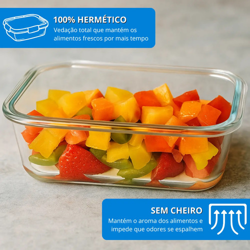 Kit 10 Potes Vidro Hermético Aristus 640ml Marmita Anti Vazamento Forno Micro-ondas Freezer Tampa 4 Travas - Cinza