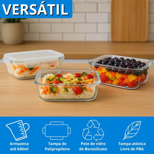Kit 10 Potes Vidro Hermético Aristus 640ml Marmita Anti Vazamento Forno Micro-ondas Freezer Tampa 4 Travas - Cinza
