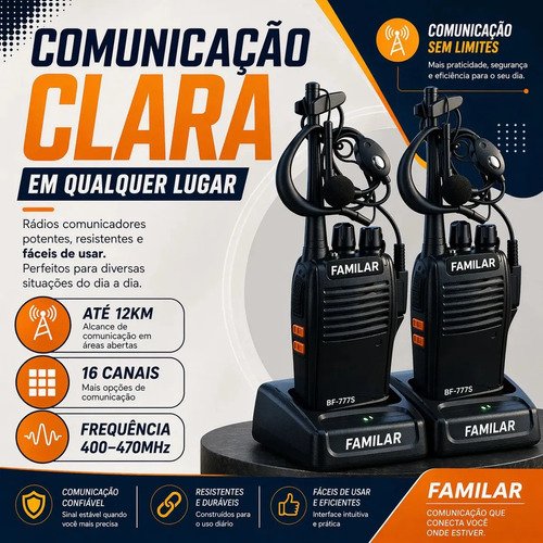 Kit 10 Radio Walk Talk Comunicador 16 Ch 12km Baofeng 777 Ht Cor Preto Familar