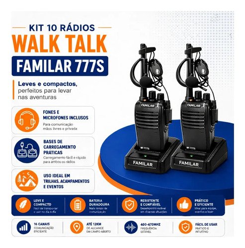 Kit 10 Radio Walk Talk Comunicador 16 Ch 12km Baofeng 777 Ht Cor Preto Familar