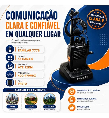 Kit 10 Radio Walk Talk Comunicador 16 Ch 12km Baofeng 777 Ht Cor Preto Familar