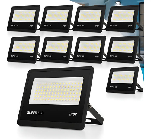 Kit 10 refletor led 300w holofote bivolt ip67 externas 6500k