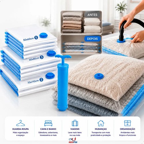 Kit 10 sacos a vacuo reutilizaveis com bomba para viagem e o
