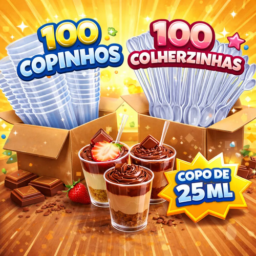 Kit 100 Copinhos 25ml Colherzinha Brigadeiro Docinho Potinho