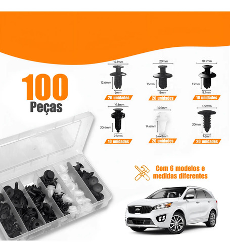 Kit 100 Presilha Grampo Parabarro Parachoque Universal Carro