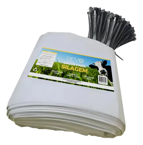 Kit 100 sacos silagem 52x110 200 micras 100 abracadeiras