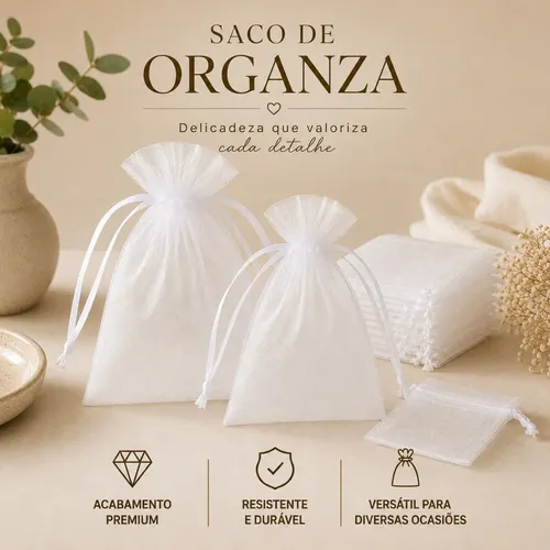 Kit 100 Un Saco Organza 10x15 Tule Saquinho Branco Atacado