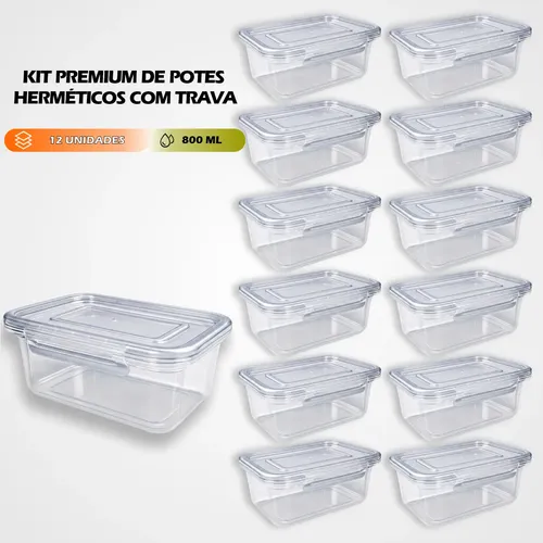 Kit 12 marmitas 800ml potes trava lateral freezer microondas