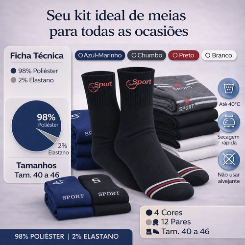 Kit 12 Pares Meia Cano Medio Algodão Original Atacado Sport