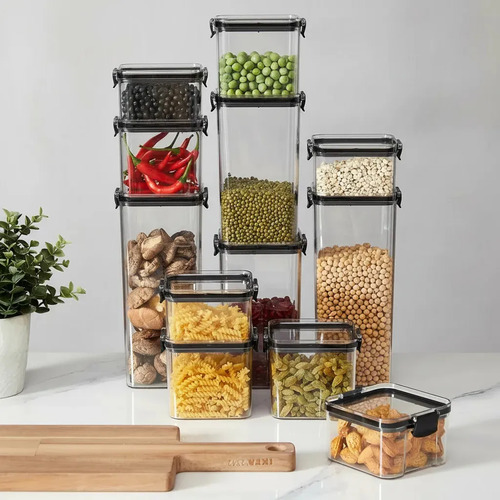 Kit 12 potes hermeticos quadrados haushop para alimentos tra